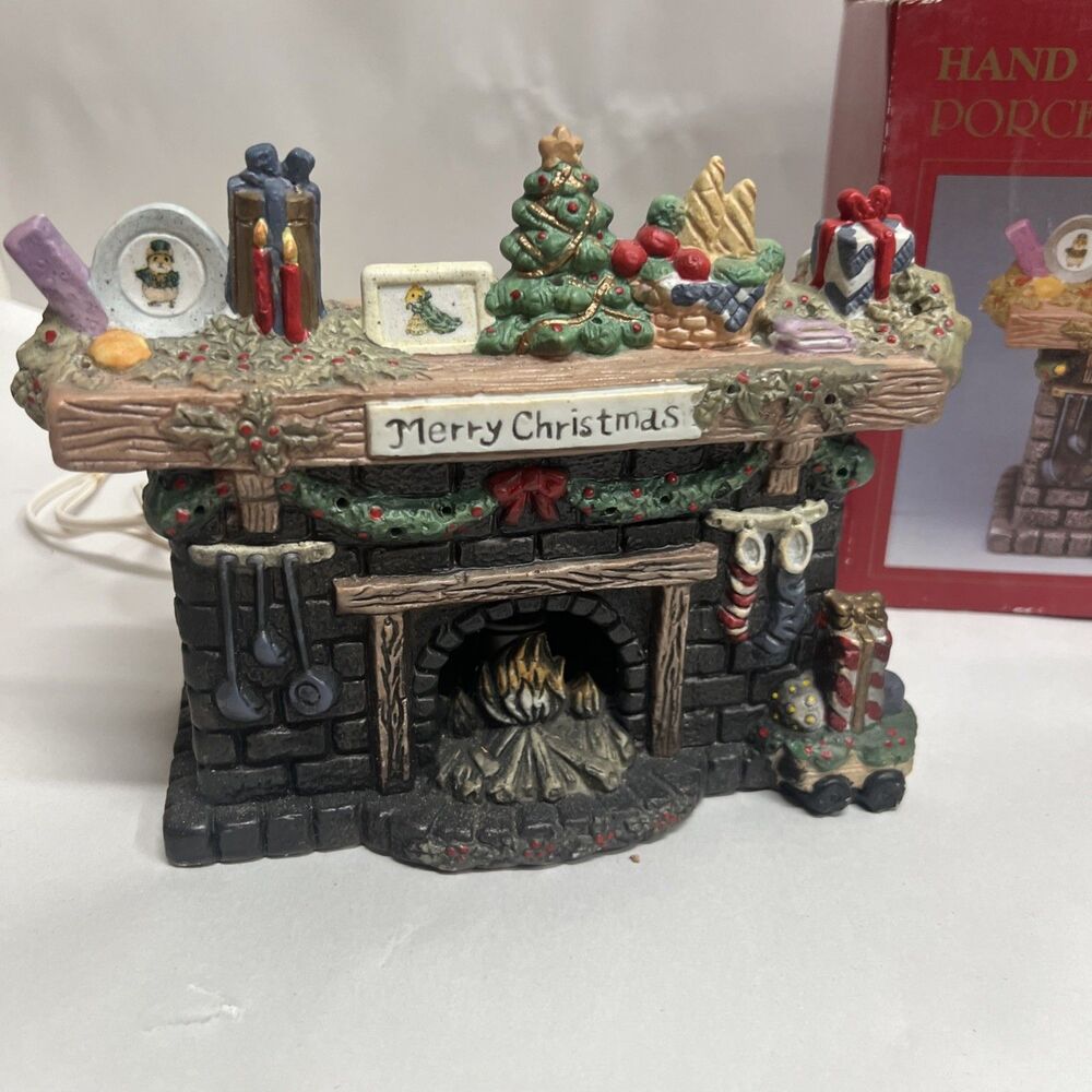Vintage 1993 Hand Painted Christmas Porcelain Lighted Fireplace Home Decor 7x6”